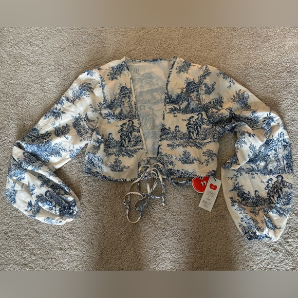 Cider Tops - Cider Cream and Blue Cropped Cardigan, Size Large, NWT